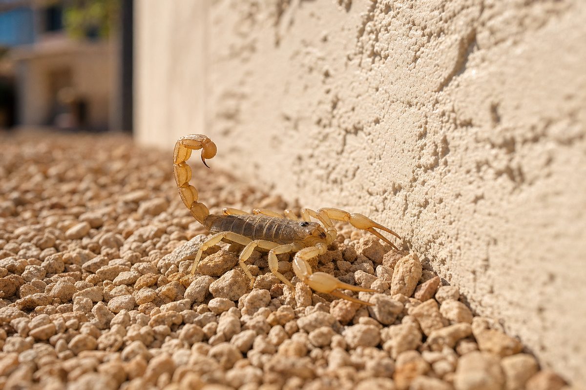 Arizona bark scorpion on desert gravel beside a Las Vegas home foundation