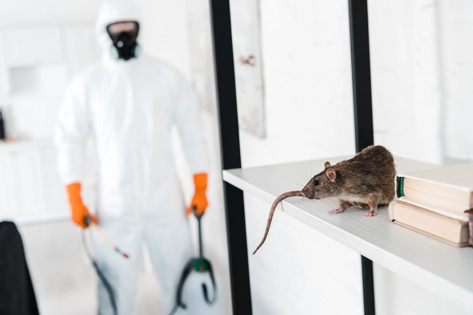 Rat on a garage shelf next to a Ridtechs rodent control technician in Las Vegas