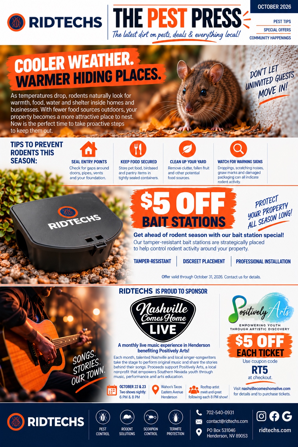 The Pest Press – October 2026 1 The Pest Press - Ridtechs October 2026 newsletter: rodent prevention tips, $5 off bait stations, and Nashville Comes Home Live sponsorship